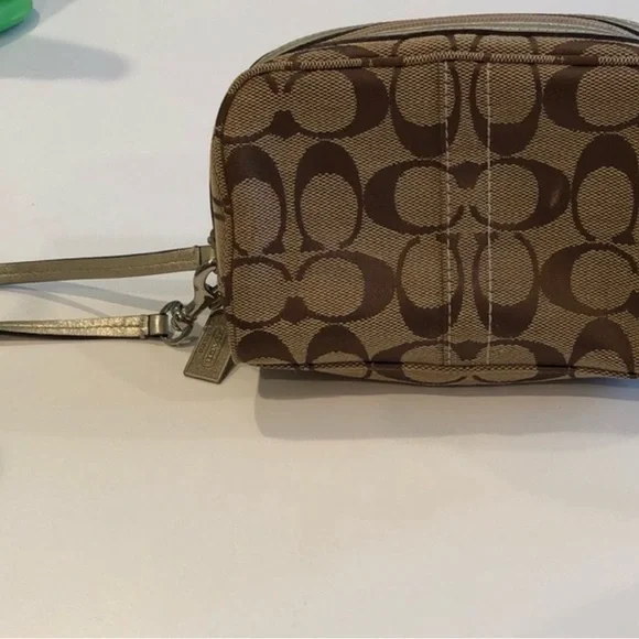 Coach Brown/Tan Signature Canvas Wristlet with Gold Accents - Picture 1 of 4